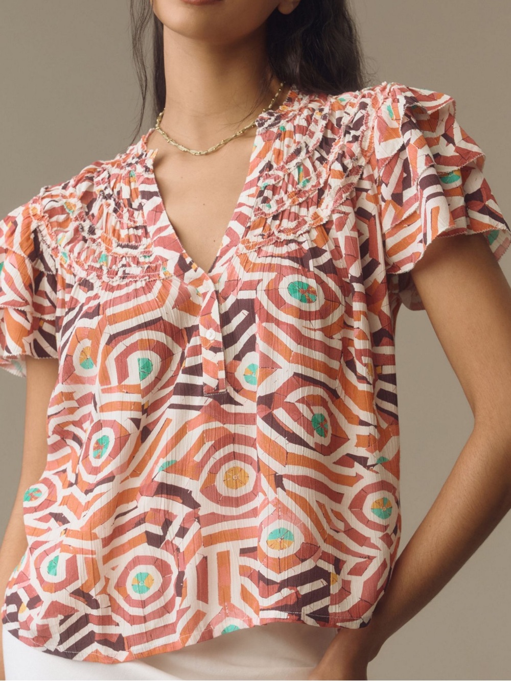 Anthropologie Maeve Short Sleeve Ruffle Yolk Blouse - Small